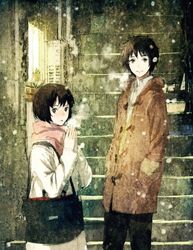  blush breath brown_eyes brown_hair coat no.6 official_art open_mouth safu scarf shion_(no.6) short_hair sion_(no.6) snow stairs toggles toi8 