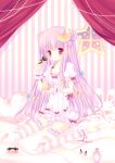  crescent lingerie long_hair mizuse_ruka negligee patchouli_knowledge puerle_eyes purple_eyes purple_hair solo striped striped_legwear striped_thighhighs thigh-highs thighhighs touhou underwear very_long_hair 
