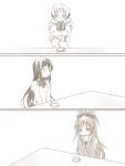  comic cup drill_hair hairband long_hair mahou_shoujo_madoka_magica monochrome ponytail ribbon sakura_kyouko school_uniform silent_comic tea tomoe_mami torashimaneko tori_(torashimaneko) translation_request twin_drills 