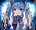  against_glass aqua_eyes aqua_hair bare_shoulders detached_sleeves fourth_wall hair_ribbon hatsune_miku long_hair necktie ribbon sad solo twintails very_long_hair vocaloid yuki_(siroikona) 