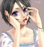  black_hair bleach blue_eyes bracelet bust cherry collarbone food fruit hair_between_eyes holding holding_fruit jewelry kuchiki_rukia lips short_hair solo tripletype 