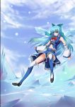  angetsu_no_koshousha blue_eyes blue_hair blush bow breasts cirno detached_sleeves hair_bow ice ice_sword long_hair midriff skirt smile sword thighhighs touhou underboob weapon wings 