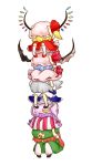  5girls bat_wings batta_(ijigen_debris) blonde_hair blue_dress blue_hair chibi chibi_on_head cowering dress flandre_scarlet hair_ribbon hands_on_hat hat hidden_face highres hong_meiling human_tower izayoi_sakuya multiple_girls patchouli_knowledge pink_dress purple_hair red_dress red_hair redhead remilia_scarlet ribbon shirt side_ponytail silver_hair sitting sitting_on_head sitting_on_person skirt skirt_set squatting stacking star striped_dress the_embodiment_of_scarlet_devil totem_pole touhou what wings 