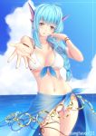  bare_shoulders bikini black_eyes blue_hair blush braid breasts cleavage cloud emil_chronicle_online foreshortening front-tie_top halterneck head_fins highres lintanghaseo long_hair looking_at_viewer navel ocean outstretched_hand ribbon sarong shiny shiny_skin single_braid sky solo sparkle strap_gap swimsuit thigh_ribbon under_boob underboob white_bikini 