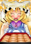  aburaage blonde_hair blush blush_stickers box chopsticks closed_eyes eyes_closed food fox_tail frills happy hat inarizushi multiple_tails no_nose open_mouth roah smile solo sushi tail tofu touhou yakumo_ran 