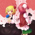  back-to-back bandages blonde_hair darkness double_bun fang flower ibara_kasen ibaraki_kasen jagabutter multiple_girls open_mouth pink_hair rakugaki_(pixiv) red_eyes red_hair rose rumia the_embodiment_of_scarlet_devil touhou youkai 