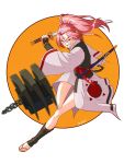  1girl amputee baiken bared_teeth chain claw_(weapon) facial_tattoo foreshortening guilty_gear highres japanese_clothes katana kimono kuso_otoko long_hair one-eyed pink_eyes pink_hair ponytail running sandals scar scar_across_eye solo sword tattoo toeless_socks toes weapon 