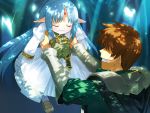  armor blue_hair brown_hair child dress father_and_daughter forehead_jewel game_cg kalar_(rance) lifting long_hair lysette_kalar orion_(orionproject) pointy_ears rance rance_(series) rance_quest reset_kalar sleeping tree_shade 