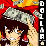  blush bow brown_hair cash dollar dollar538 dollar_bill fine_art_parody frills grin hair_tubes hakurei_reimu highres japanese_clothes miko mona_lisa money parody smile smirk solo teeth touhou yellow_eyes 