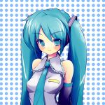  artist_request bare_shoulders blue_eyes blue_hair blush character_request detached_sleeves hatsune_miku highres light_smile long_hair necktie smile solo takunama twintails vocaloid 