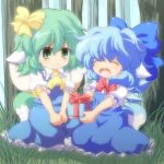 animal_ears ascot blue_dress blue_hair bow box chibi cirno closed_eyes daiyousei dog_ears dog_tail dress eyes_closed forest gift gift_box green_eyes green_hair hair_bow holding holding_gift kemonomimi_mode multiple_girls nature nullpooo open_mouth short_hair sitting smile tail touhou v_arms 