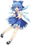  bloomers blue_dress blue_eyes blue_hair bow cirno dress fairy fang foreshortening hair_bow hand_on_hip highres hips ice looking_at_viewer mary_janes neck_ribbon open_mouth pointing ribbon shoes short_hair smile socks solo standing touhou transparent_background wings yui_(daijun) 