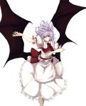  absurdres asagi_shii ascot bad_id bat_wings dress highres lavender_hair no_hat no_headwear outstretched_arm pink_eyes red_eyes remilia_scarlet short_hair simple_background smile solo touhou wings 