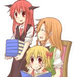  :d ^_^ bat_wings blonde_hair blush book bow braid brown_hair carrying chair chin_rest china_dress chinese_clothes closed_eyes dress_shirt eyes_closed flandre_scarlet hair_bow hands_on_own_cheeks hands_on_own_face happy head_wings hong_meiling koakuma long_hair multiple_girls natsuk necktie no_hat no_headwear open_book open_mouth orange_hair reading red_eyes red_hair redhead shirt side_ponytail simple_background sitting sitting_on_lap sitting_on_person smile the_embodiment_of_scarlet_devil touhou twin_braids vest white_background wings 