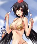  bare_shoulders bikini black_hair black_wings blue_eyes blue_hair blush bow breasts bust cirno cleavage cloud hair_bow hat highres large_breasts looking_at_viewer multiple_girls nishi_koutarou red_eyes shameimaru_aya short_hair smile sunlight swimsuit tokin_hat touhou wings 