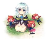  animal_ears blue_eyes blue_rose bowtie capelet closed_eyes eyes_closed flower grass guitar_case hair_ornament hairclip hebino_(snake_nest) instrument_case jacket lying minigirl multiple_girls on_back red_eyes red_hair redhead rose seiza short_hair siblings silver_hair simple_background sisters sitting smile standing tail trickster 