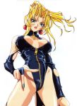  90s battle_arena_toshinden blonde_hair breasts cleavage earrings from_below highres jewelry kotobuki_tsukasa leather lips lipstick long_hair looking_at_viewer makeup nail_polish official_art simple_background sofia solo white_background zipper 