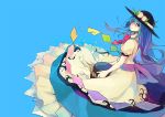  blue_hair food frills fruit hat hinanawi_tenshi holding jq keystone long_hair long_skirt looking_at_viewer peach red_eyes simple_background skirt solo touhou very_long_skirt 