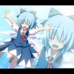  blue_dress blue_hair blush bow cirno closed_eyes do_(4-rt) dress eyes_closed hair_bow letterboxed open_mouth outstretched_arms short_hair smile solo touhou wings 