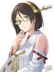  1girl bare_shoulders black_hair detached_sleeves glasses green-framed_glasses green_eyes hairband japanese_clothes kantai_collection kirishima_(kantai_collection) looking_at_viewer nontraditional_miko rokuwata_tomoe short_hair simple_background white_background 