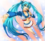  america aqua_eyes aqua_hair belt belt_buckle bikini_top boots choker cropped_jacket eiji_(eiji) fringe happy hatsune_miku knee_boots long_hair microphone midriff navel open_mouth oustretched_arm outstretched_arm skirt smile solo twintails very_long_hair vocaloid 