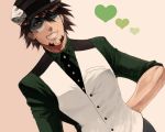  brown_eyes brown_hair cabbie_hat drawr dutch_angle facial_hair formal goatee green_shirt grin hand_on_hip hat heart hips kaburagi_t_kotetsu male mask necktie short_hair simple_background smile solo stubble tiger_&amp;_bunny vest waistcoat wink 