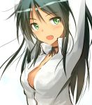  alternate_hairstyle arms_up black_hair blush bust fang francesca_lucchini green_eyes hair_down long_hair looking_at_viewer open_clothes open_mouth open_shirt ribbon_choker sandwich_(artist) shirt solo strike_witches 