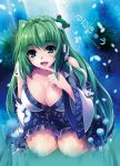  breasts cleavage detached_sleeves frog grass green_eyes green_hair hair_ornament kochiya_sanae large_breasts long_hair looking_at_viewer rakujin smile snake solo touhou 