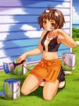  1girl ahoge breasts brown_hair cleavage copyright_request female hands highres inou_shin jewelry kneeling midriff navel necklace paint paintbrush short_hair solo sunglasses sunglasses_on_head trim_brush yellow_eyes 