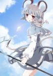  animal_ears blue_sky blush bow capelet chachi_(azuzu) cloud dowsing_rod dress grey_dress grey_hair jewelry looking_back mouse mouse_ears mouse_tail nazrin necklace open_mouth pendant red_eyes ribbon short_hair sky smile solo tail tail_ribbon touhou 