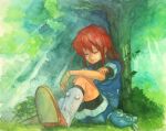  armor boots closed_eyes eyes_closed fingerless_gloves gloves goggles grandia grandia_i hat hat_removed headwear_removed justin lio_(lune24) long_hair male nature red_hair redhead shorts sitting sleeping solo sunbeam sunlight traditional_media tree watercolor_(medium) 