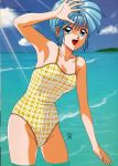  1girl 90s :d armpits blue_eyes blue_hair casual_one-piece_swimsuit cloud dated happy kokura_masashi mound_of_venus nijino_saki official_art one-piece_swimsuit open_mouth scan short_hair sky smile solo swimsuit tokimeki_memorial tokimeki_memorial_1 wading water yellow_swimsuit 