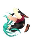  bandage black_legwear fetal_position hatsune_miku highres injury kriss_sison melancholy rolling_girl_(vocaloid) school_uniform shoes simple_background single_shoe skirt vocaloid 