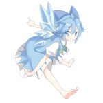  ascot bad_hands barefoot blue_dress blue_eyes blue_hair blush bow chorin cirno dress error fairy hair_bow ice short_hair smile solo touhou wings 