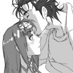  ame_noti_hare forehead_kiss kiss long_hair makise_kurisu monochrome okabe_rintarou short_hair steins;gate surprised 