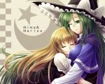  blonde_hair breast_pillow breast_smother breasts bust closed_eyes eyes_closed green_eyes green_hair hat hug kirisame_marisa koto_tsubane light_smile long_hair mima multiple_girls smile touhou touhou_(pc-98) very_long_hair witch witch_hat 