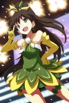  aqua_eyes bare_shoulders brown_hair confetti dress earrings elbow_gloves fang ganaha_hibiki gloves hair_ribbon hand_on_hip highres hips hoop_earrings idolmaster idolmaster_2 jewelry long_hair open_mouth ponytail ribbon smile solo tsuttsu tsuttsu_(tsux3) v vital_sunflower 