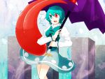  blue_eyes blue_hair heterochromia karakasa_obake nagihara_rion open_mouth red_eyes short_hair skirt solo sweatdrop tatara_kogasa tombstone tongue touhou umbrella 