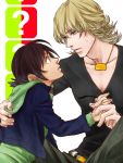  ? barnaby_brooks_jr belt blonde_hair brown_eyes brown_hair child glasses glasses_removed green_eyes hand_holding holding holding_glasses holding_hands hoodie jewelry kaburagi_t_kotetsu male multiple_boys necklace short_hair studded_belt sweat t-shirt tiger_&amp;_bunny time_paradox tk_(gixsa) young 