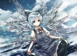  blue_dress blue_eyes blue_hair blue_sky bow cirno cloud clouds dress dress_lift duplicate gray_eyes hair_bow ice ice_wings monorino revision ribbons short_hair sky smile solo star_(sky) string touhou wings 
