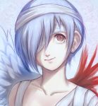  asymmetrical_wings bandage bandage_over_one_eye bandages blu-rayko blue_hair brown_eyes bust collarbone gintama hair_over_one_eye realistic short_hair smile solo tyamaguch wings 