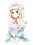  ao_no_exorcist apron blonde_hair blush breasts cleavage green_eyes highres large_breasts maid_headdress moriyama_shiemi short_hair smile 