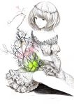  bare_shoulders bob_cut branch cage collarbone dress fashion floral_print flower frilled_dress frills gathers head_wreath highres lily_(flower) monochrome original ruffles sawasawa short_hair simple_background solo spot_color strapless_dress swept_bangs 