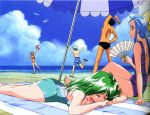  3girls 90s asou_kasumi ball bare_back beach beachball bikini bird black_hair blue_hair closed_eyes eyes_closed fan green_hair hinomoto_hikari hokari_jun'ichirou junichirou_hokari kokura_masashi long_hair minazuki_kotoko multiple_boys multiple_girls official_art one-piece_swimsuit red_hair redhead running sandals scan seagull short_hair shorts sky smile stretch summer sunbathing swimsuit takumi_sakaki tokimeki_memorial tokimeki_memorial_2 towel umbrella water 