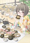  absurdres bench black_eyes black_hair cat closed_eyes doughnut eating eyes_closed glasses highres japanese_clothes kimono looking_at_viewer mouth_hold nekobaka o_o open_mouth original red-framed_glasses short_hair sitting solo table tears too_many_cats 