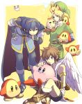  blue_eyes blue_hair brown_hair cape doseisan fire_emblem fire_emblem:_mystery_of_the_emblem gloves hat highres jigglypuff kid_icarus kirby kirby_(series) kudou_akira link marth mother_(game) nintendo niwatorisann pit pit_(kid_icarus) pointy_ears pokemon smile super_smash_bros. the_legend_of_zelda tiara twilight_princess waddle_dee wings 