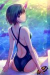  1girl amagami ass black_hair brown_eyes competition_swimsuit from_behind goggles haitaka looking_back nanasaki_ai one-piece_swimsuit pool resized revised revision short_hair sitting solo swimsuit water 