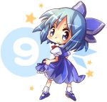  blue_eyes blue_hair blush bow chibi cirno dress hair_bow hiyopuko holding_skirt looking_back lowres mary_janes shoes short_hair skirt_hold smile touhou wings 