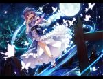  1girl blue_dress butterfly butterfly_wings closed_fan dress dual_wielding fan folding_fan full_moon glowing hat letterboxed looking_at_viewer moon night obi pink_eyes pink_hair saigyouji_yuyuko sash short_hair sky solo t-ray touhou tree triangular_headpiece veil violet_eyes wings 