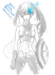  black_rock_shooter black_rock_shooter_(character) blue_eyes captain_america crossover drawfag fire flame long_hair marvel midriff shield solo star twintails weapon 